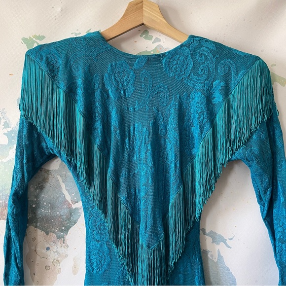 VTG Karen Okada For David Howard Climax Dress Size 3/4 Teal Floral Lace Fringe - Picture 9 of 13